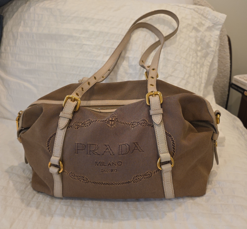 Prada Brown Canvas Shoulder Bag with Cream Leather Trim